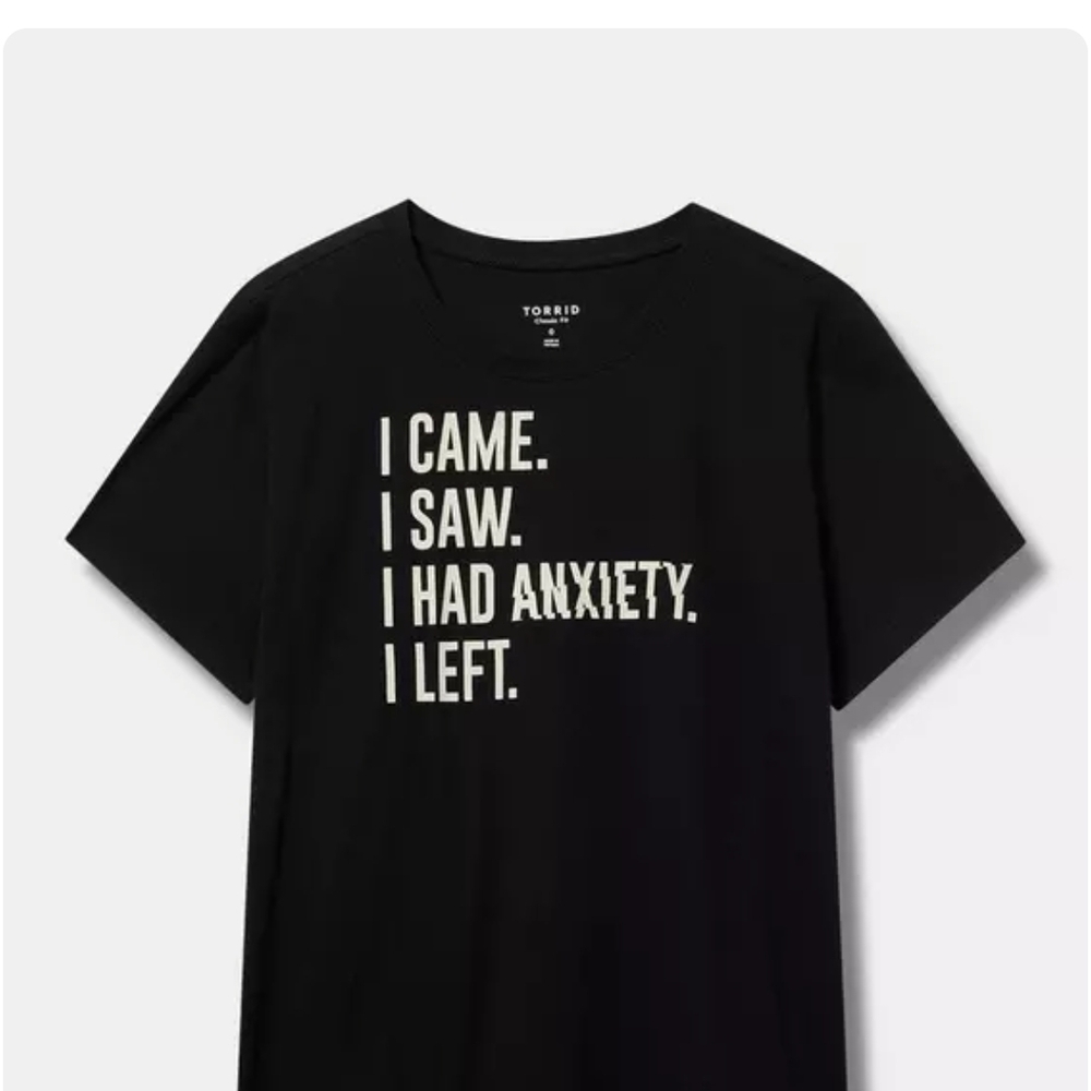Torrid Black Anxiety Shirt with Bold White Text